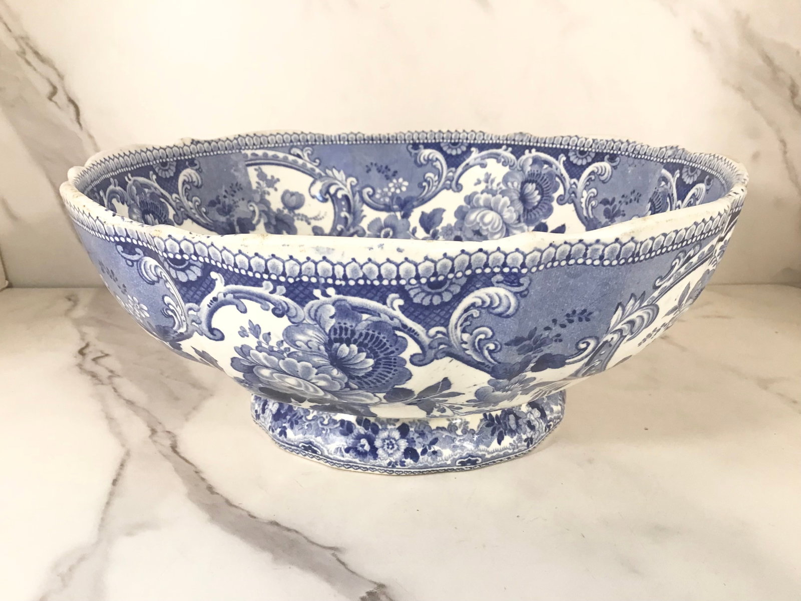 English Staffordshire Blue and White Adams INDIAN Footed Bowl: Bowl is 10.25" round