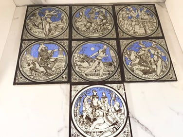 7 Antique Minton IDYLLS OF THE KING Tiles Moyr Smith C 1876