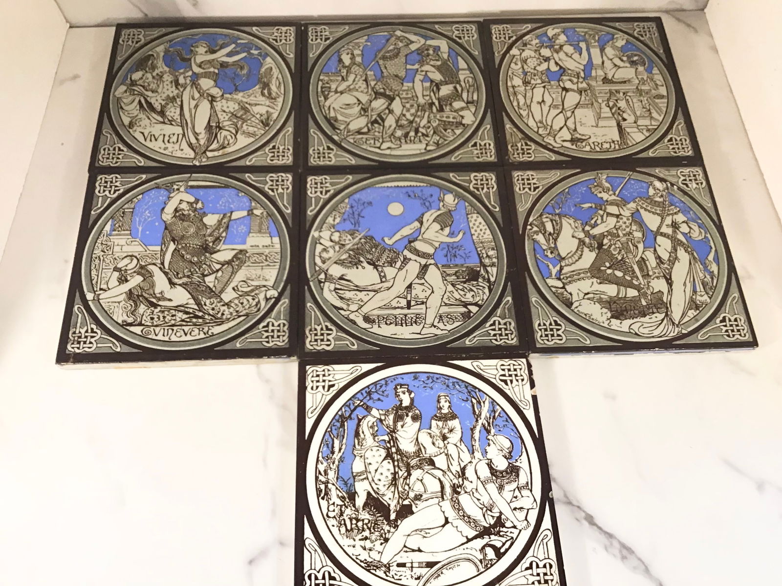 7 Antique Minton IDYLLS OF THE KING Tiles Moyr Smith C 1876 (1 of 2)