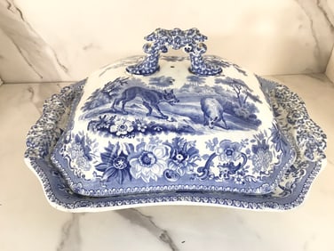 English Blue and White Staffordshire Spode AESOPS FABLES Covered Dish