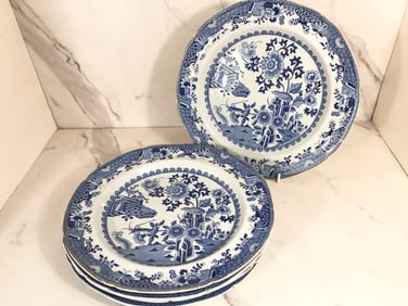 5 Spode Blue and White CRICKET Plates with Scalloped Border