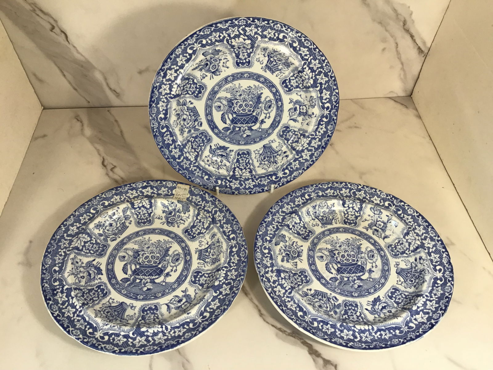 3 English Blue and White Stoneware Staffordshire Plates: 8.5"