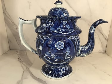 English Dark Blue Staffordshire Coffee Pot Floral Decoration
