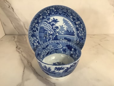 English Pearlware Blue and White Cup and Saucer with Cows and Lamb