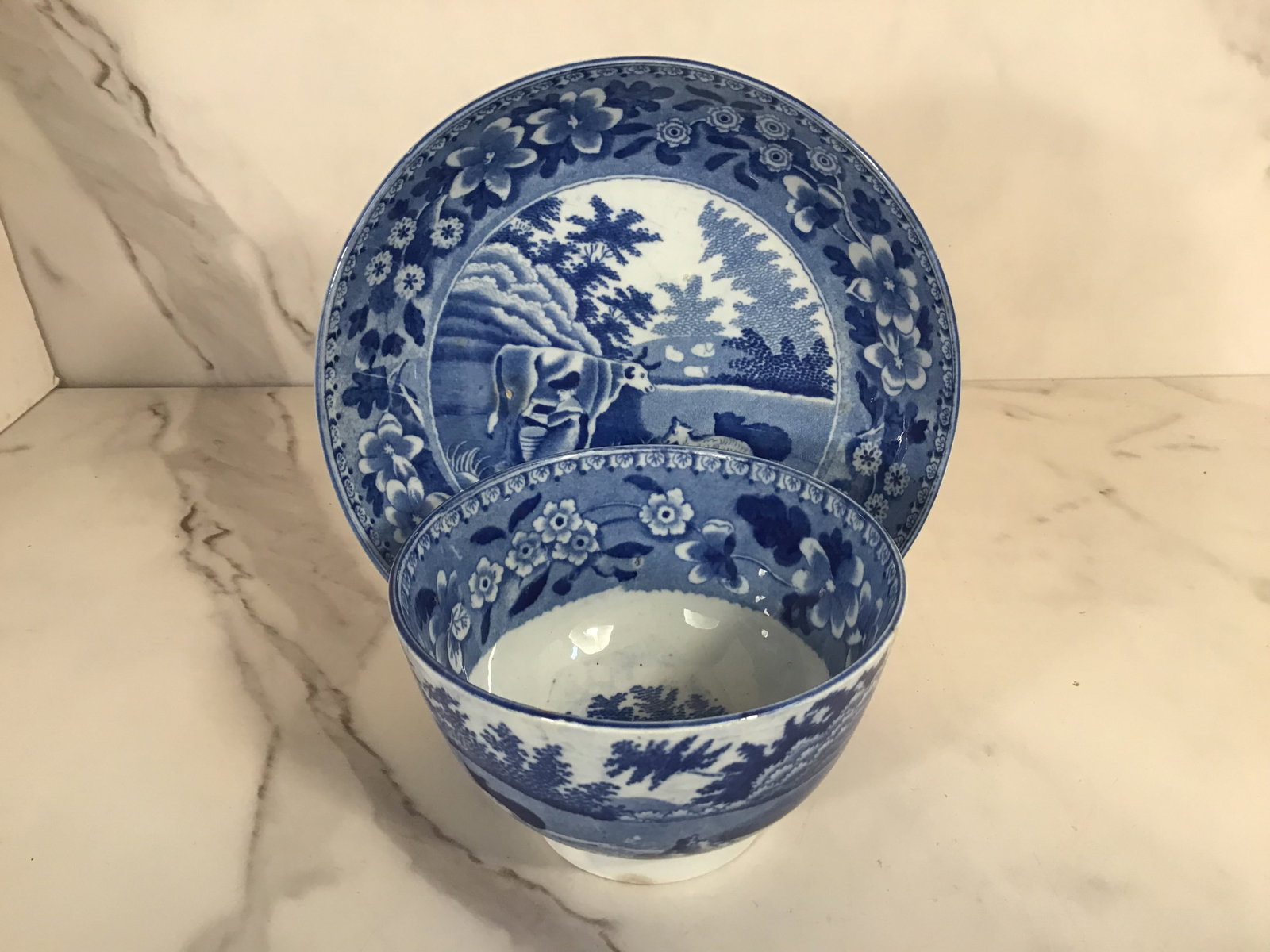 English Pearlware Blue and White Cup and Saucer with Cows and Lamb: 6.25" saucer