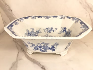 English Staffordshire Blue and White ORIENTAL BIRDS Footed Basket