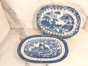 2 English Blue and White Staffordshire Pierced Pearlized Glaze Trays