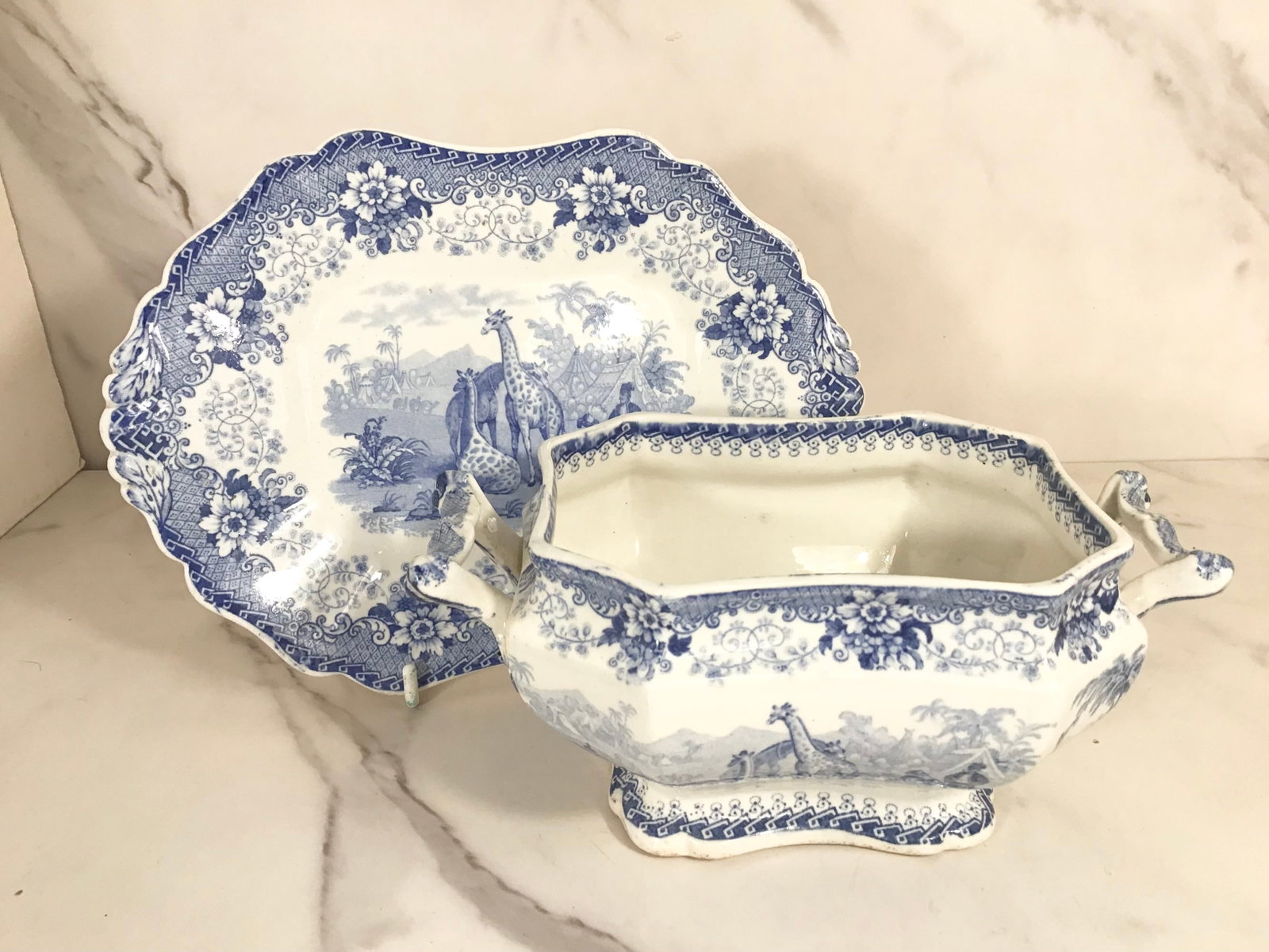 Rare Ridgway 1836 GIRAFFE Blue and White Sauce Tureen and Stand: No lid; 8.75" wide