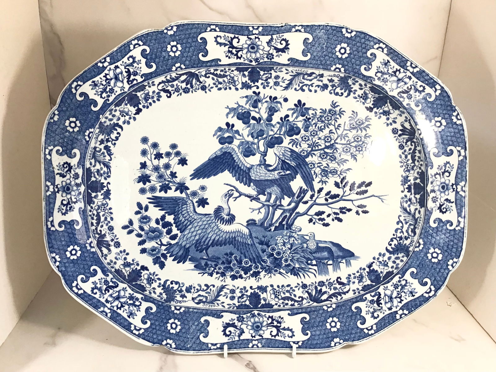 Large English Pearlware Blue and White ORINTHOLOGICAL Platter (1 of 3)