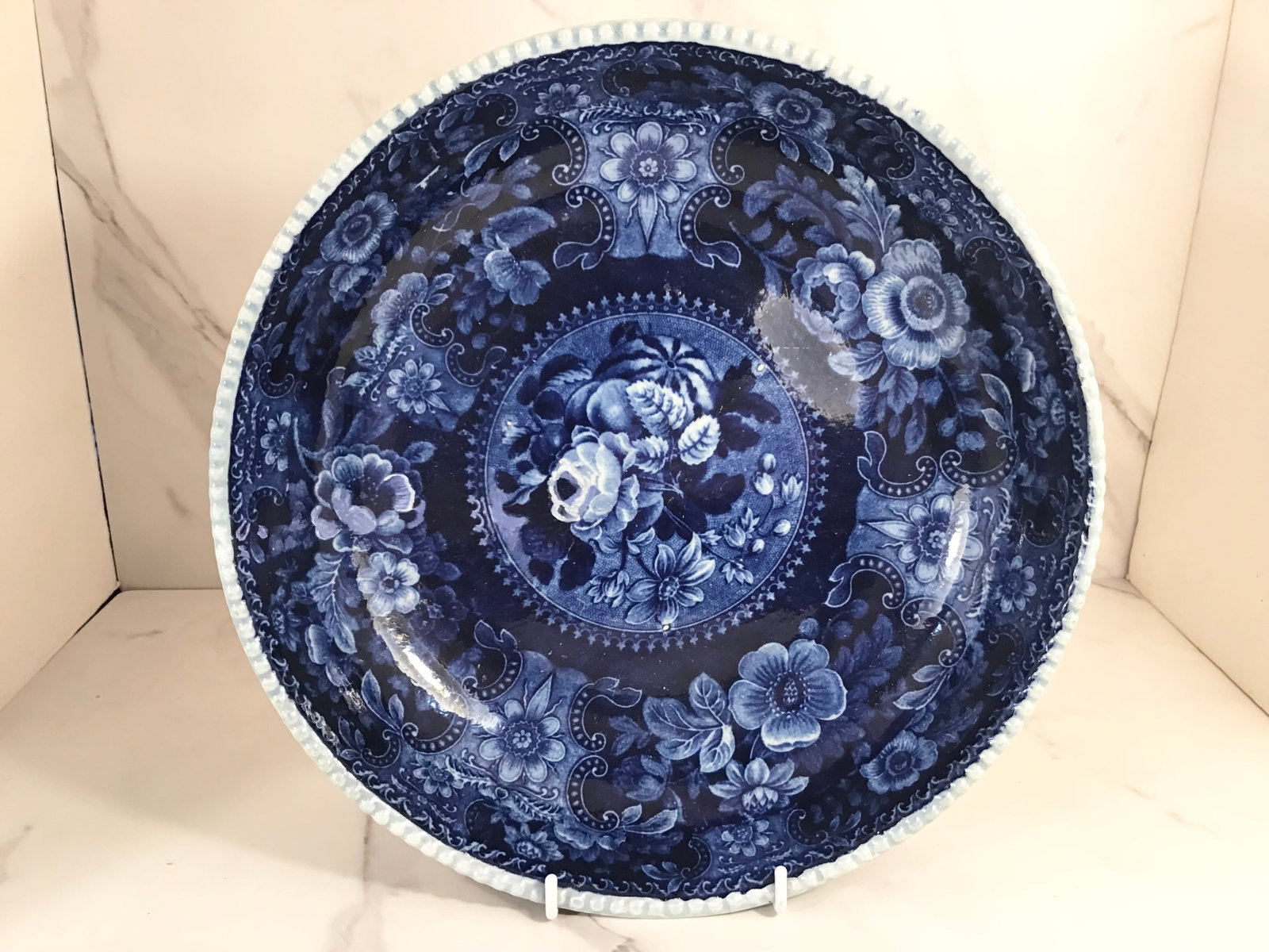 Dark Blue English Staffordshire Serving Bowl Beaded Rim FRUITS & FLOWERS: 11.5" likely by Clews.
