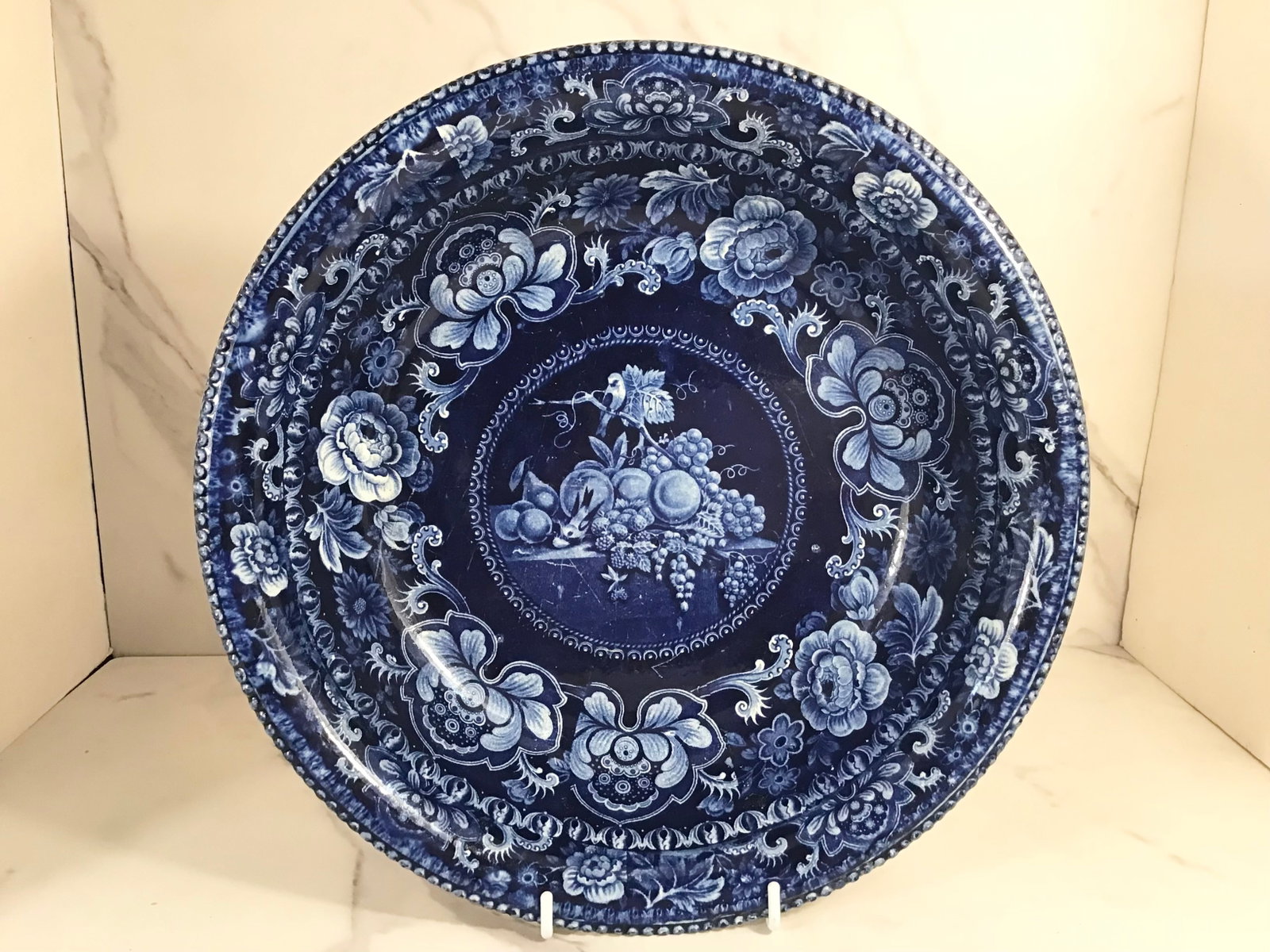 Dark Blue English Staffordshire Serving Bowl Beaded Rim BIRDS AND FRUIT: 12"