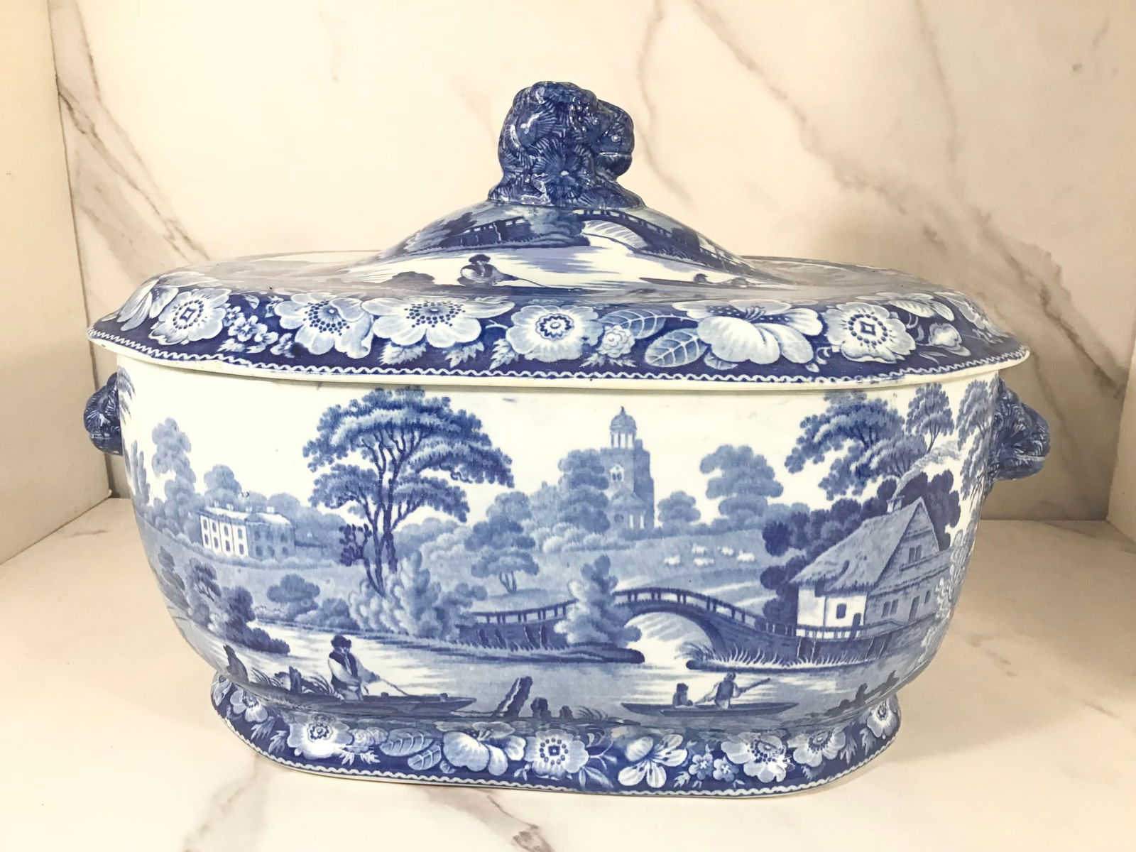 Large English Blue and White Staffordshire Soup Tureen Lion Finial (1 of 7)