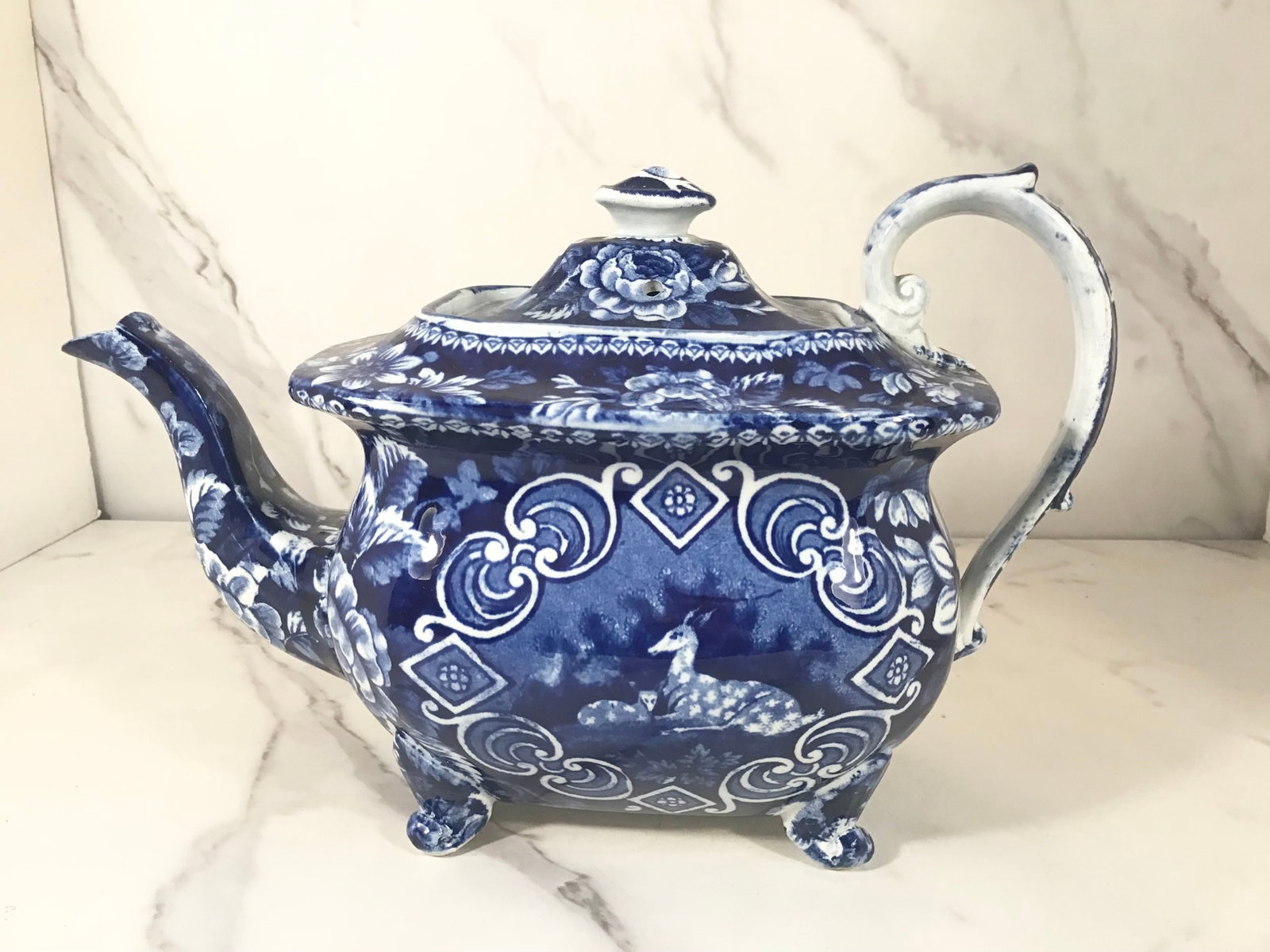 English Dark Blue and White Staffordshire Deer Teapot: 10.5" at its widest. Matches a cream and sugar in a later lot
