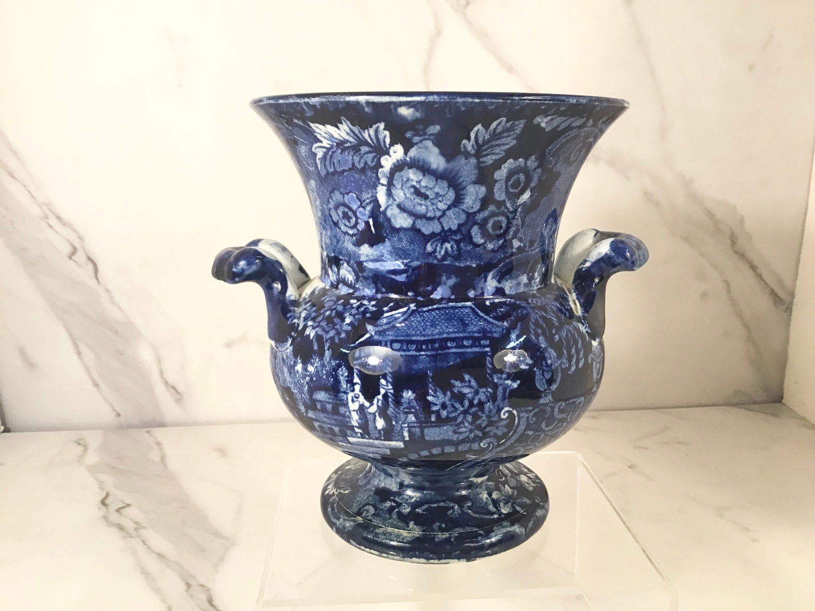 English Dark Blue Staffordshire Table Urn: 6" tall