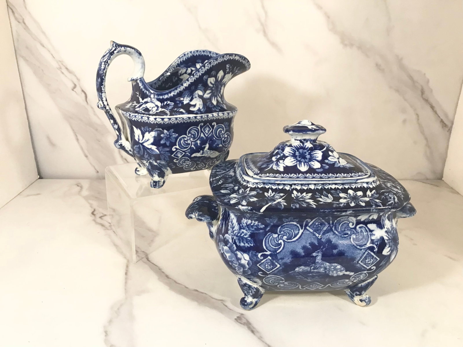 English Dark Blue Staffordshire Sugar Bowl with Teapot Cover: Same pattern as lot 87. 7.5" width on the covered sugar.
