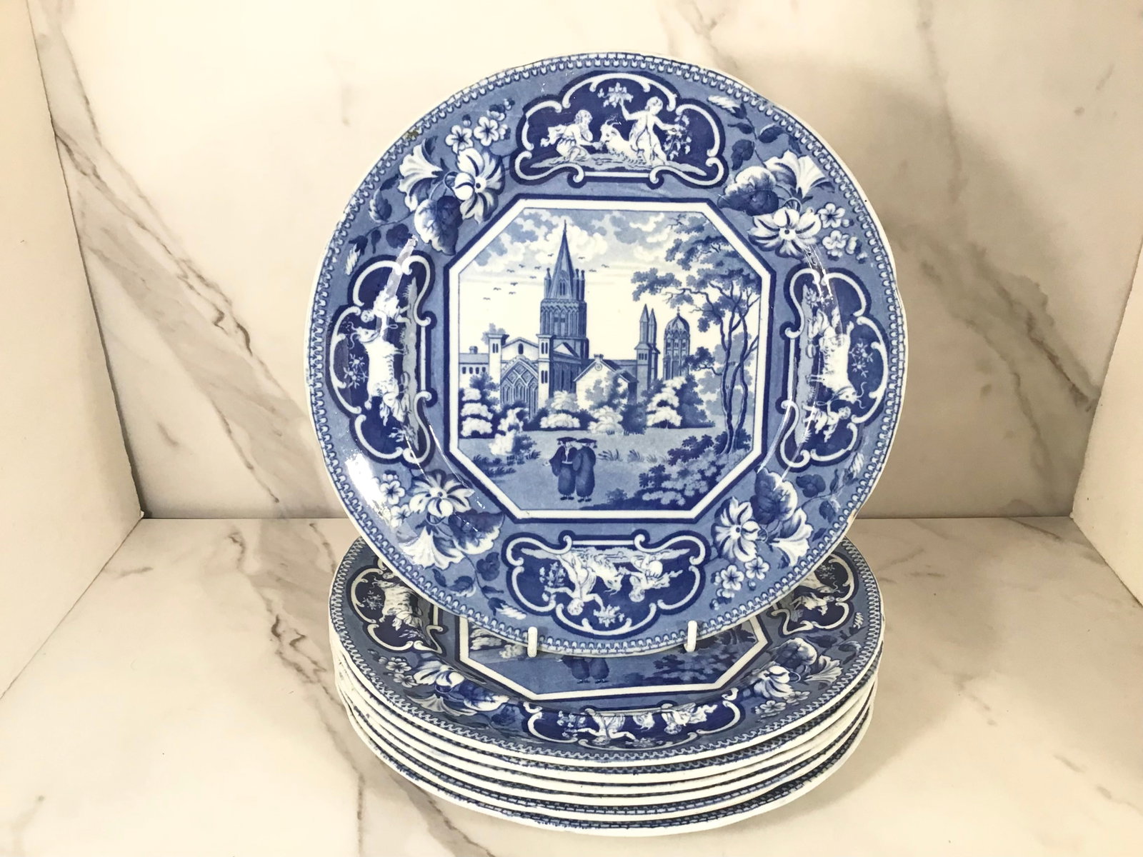 7 Ridgway COLLEGE SCENERY Medium Blue Staffordshire Plates: 10" wide' CHRIST CHURCH, OXFORD