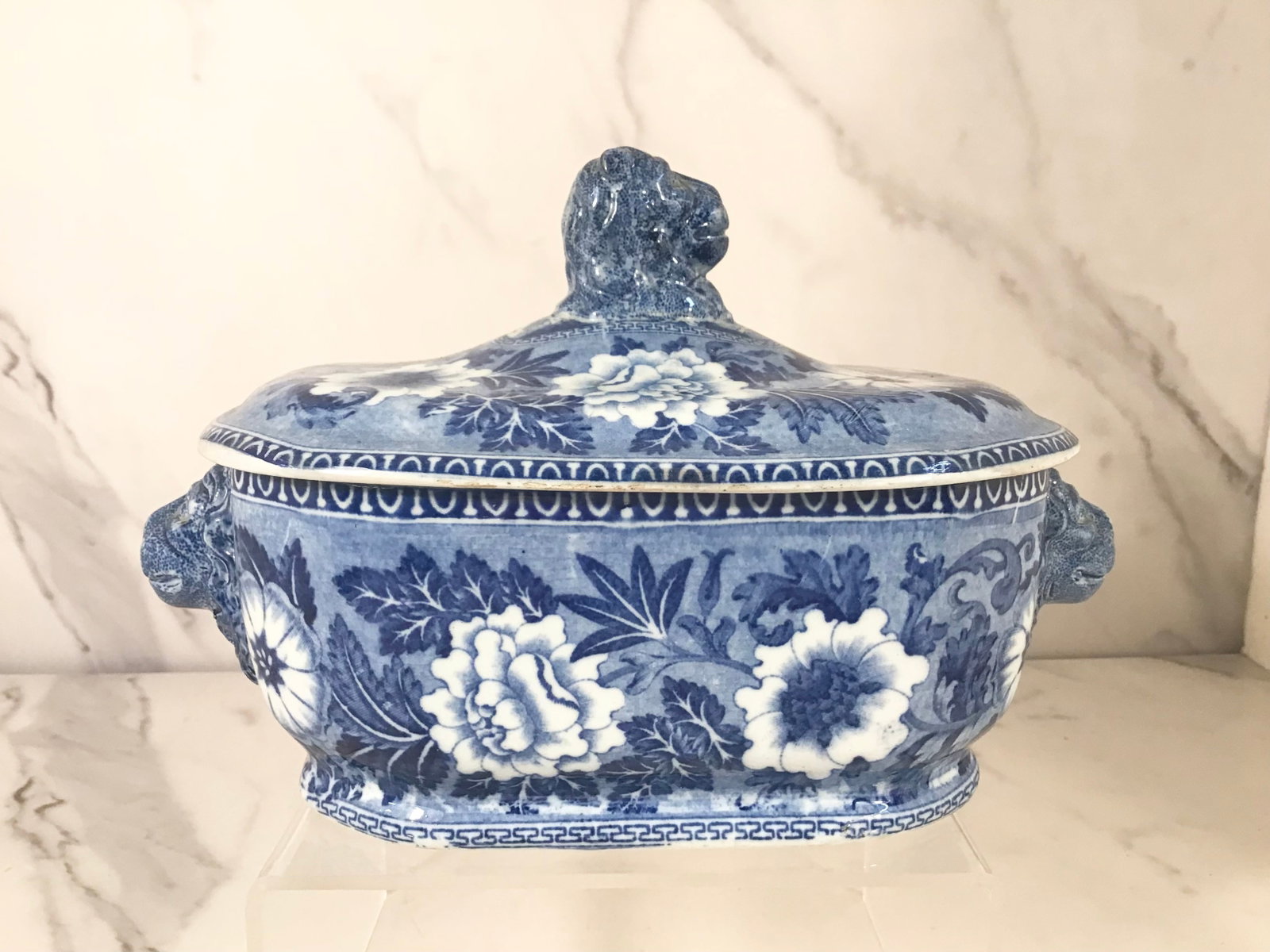 English Blue and White Staffordshire Sauce Tureen Lion Finial: Floral decoration - 7.5" wide