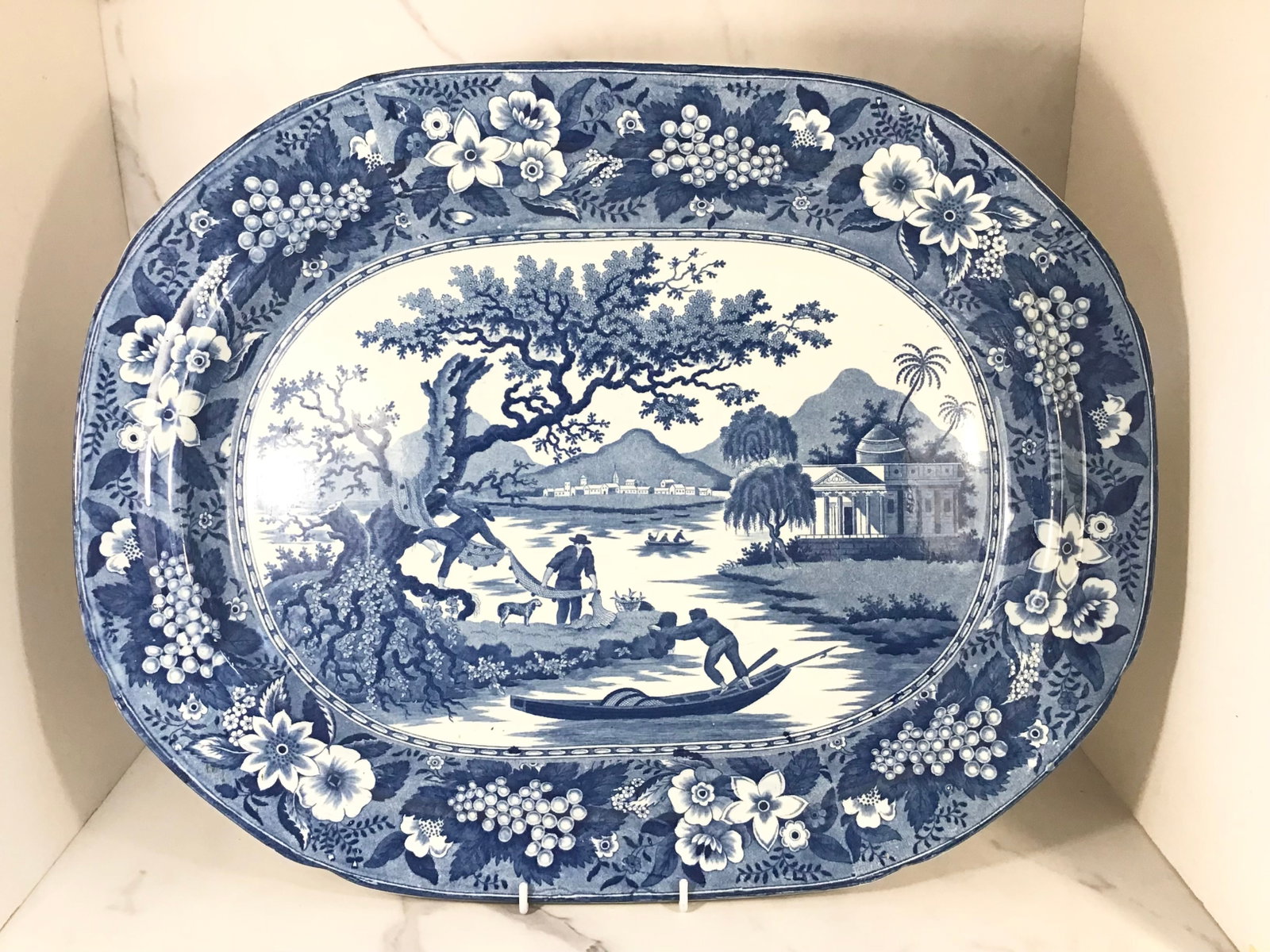 Large English Blue and White Staffordshire Platter FISHNET: Depicts men fishing; 21" wide