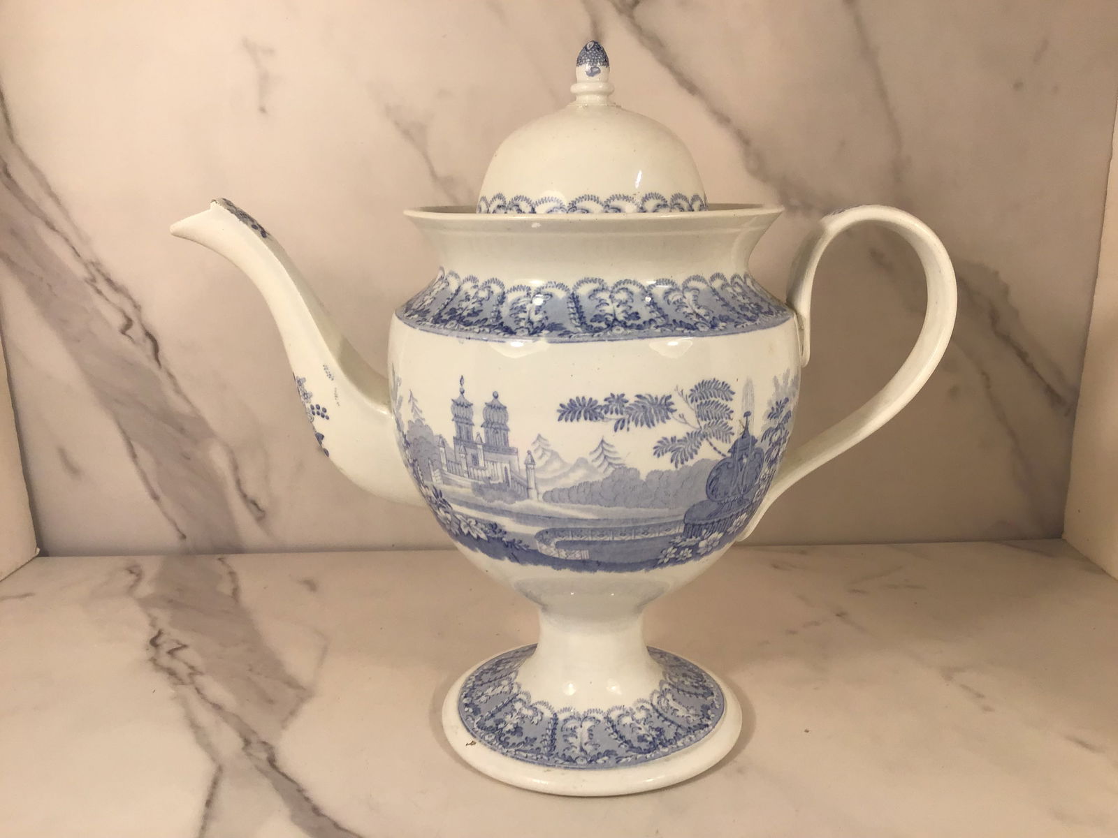 English Blue and White Transferware Coffee Pot INDIAN VIEWS Dome Lid (1 of 4)