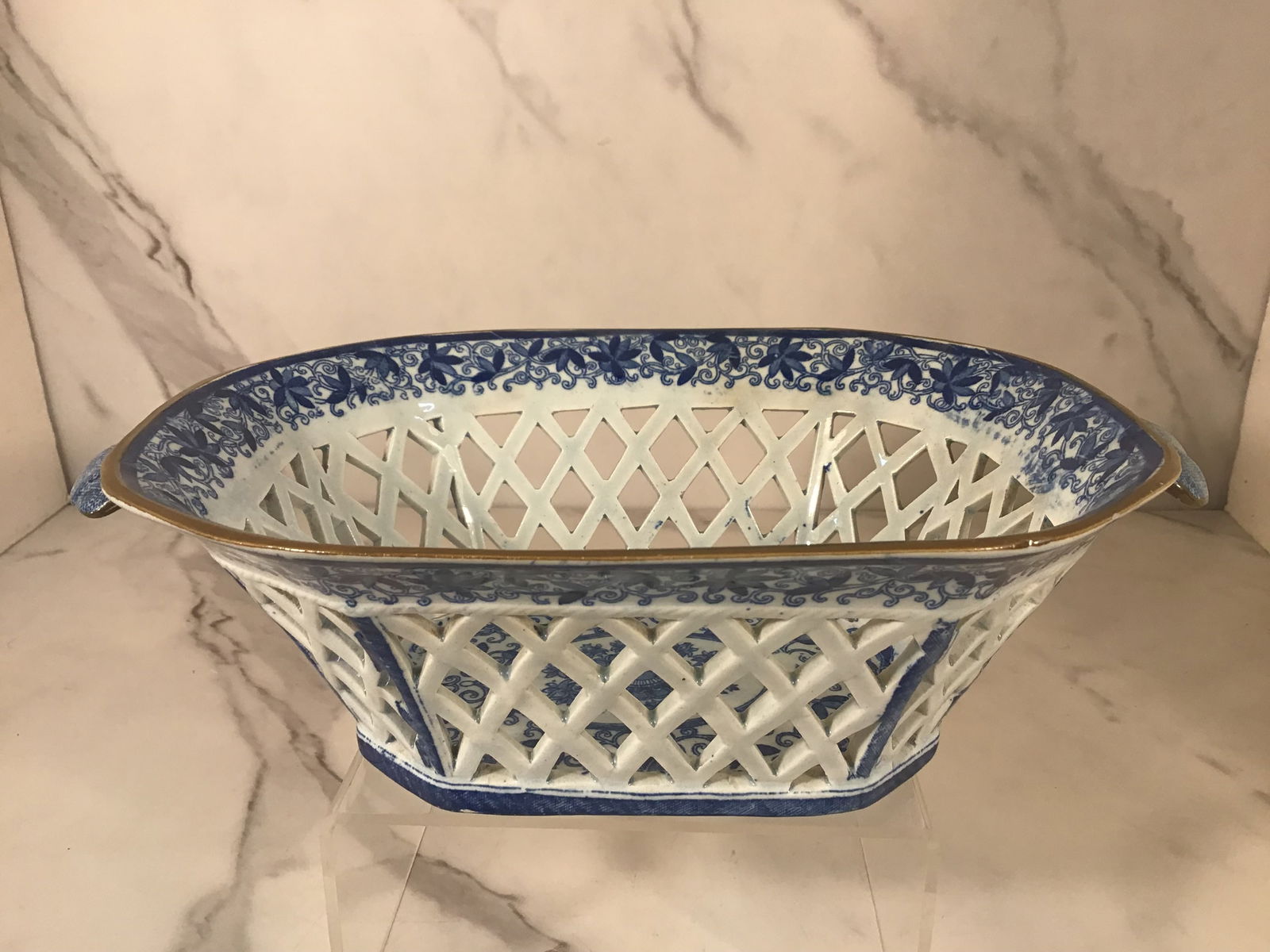 English Dark Blue Staffordshire Pearlware Chestnut Basket (1 of 3)