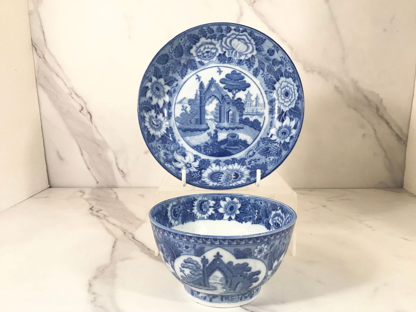 English Medium Blue Staffordshire Cup and Saucer (1 of 3)