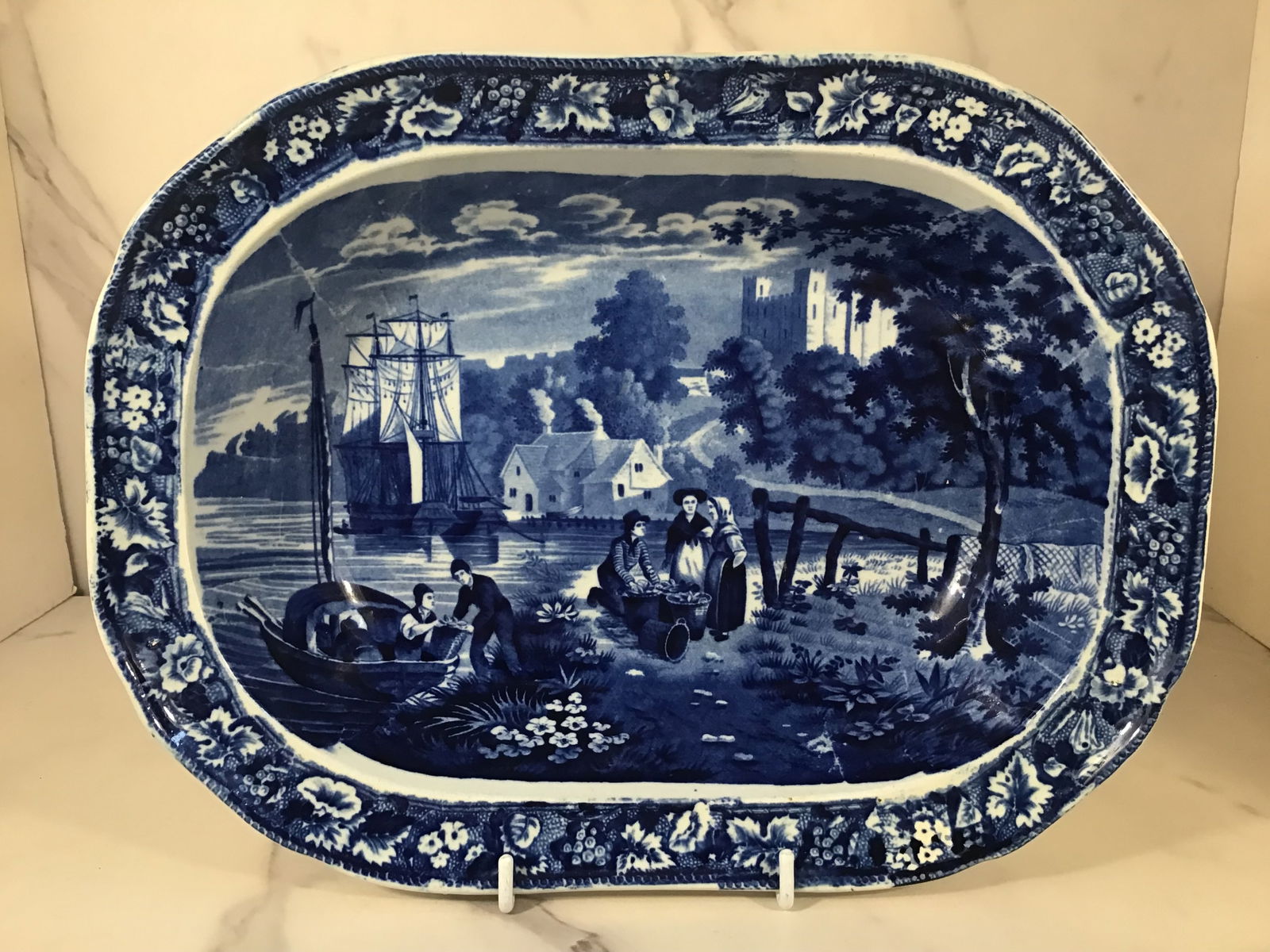 English Dark Blue Staffordshire Open Vegetable Dish Harbor Scene (1 of 3)