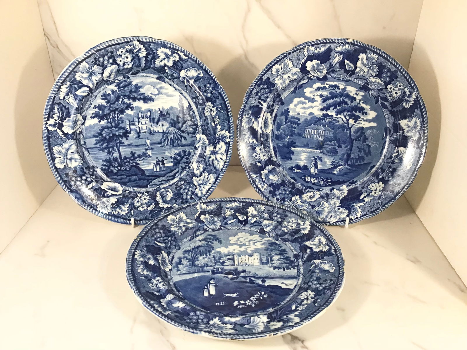 3 Enoch Wood Blue Staffordshire Dinner Plates ENGLISH HOUSES: 10" wide; GUYS CLIFF in Warwickshire, unidentified in Perthsire, ESHOLT HOUSE in Yorkshire