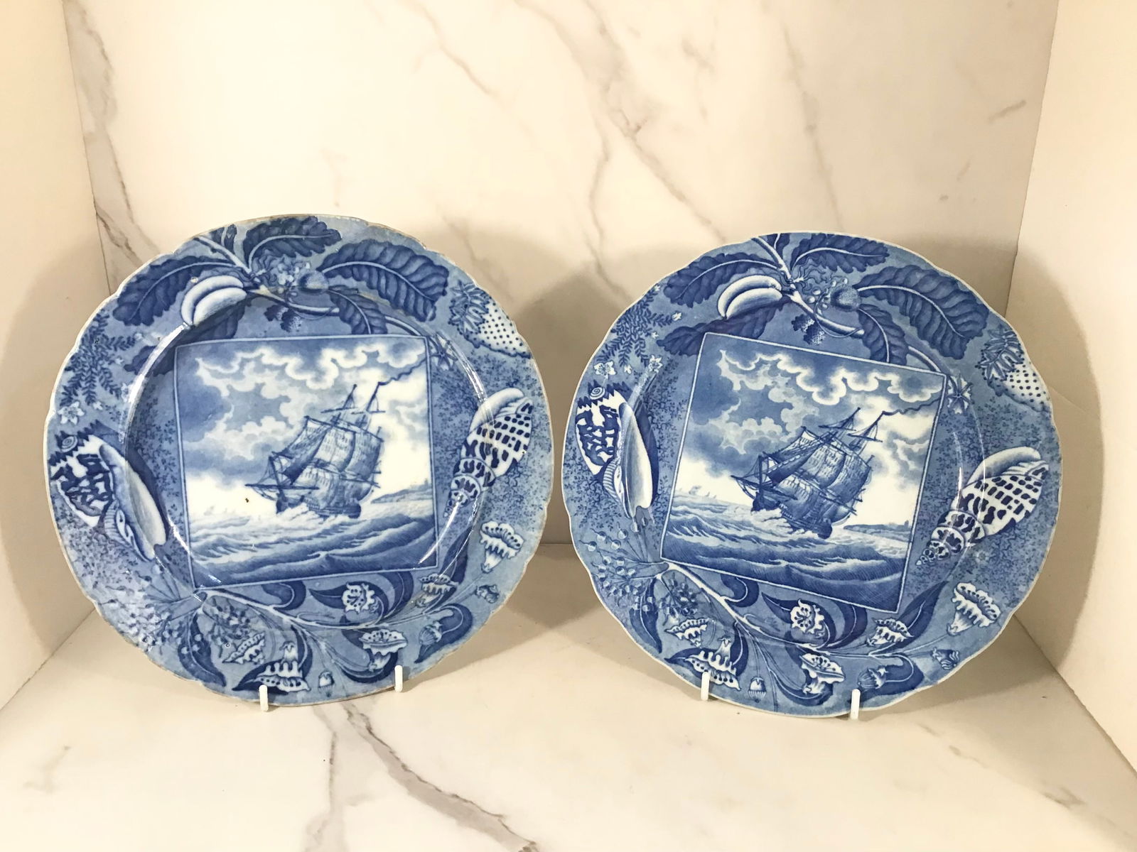 Pair English Blue and White Staffordshire SHIPPING SERIES Dinner Plates: 10" each