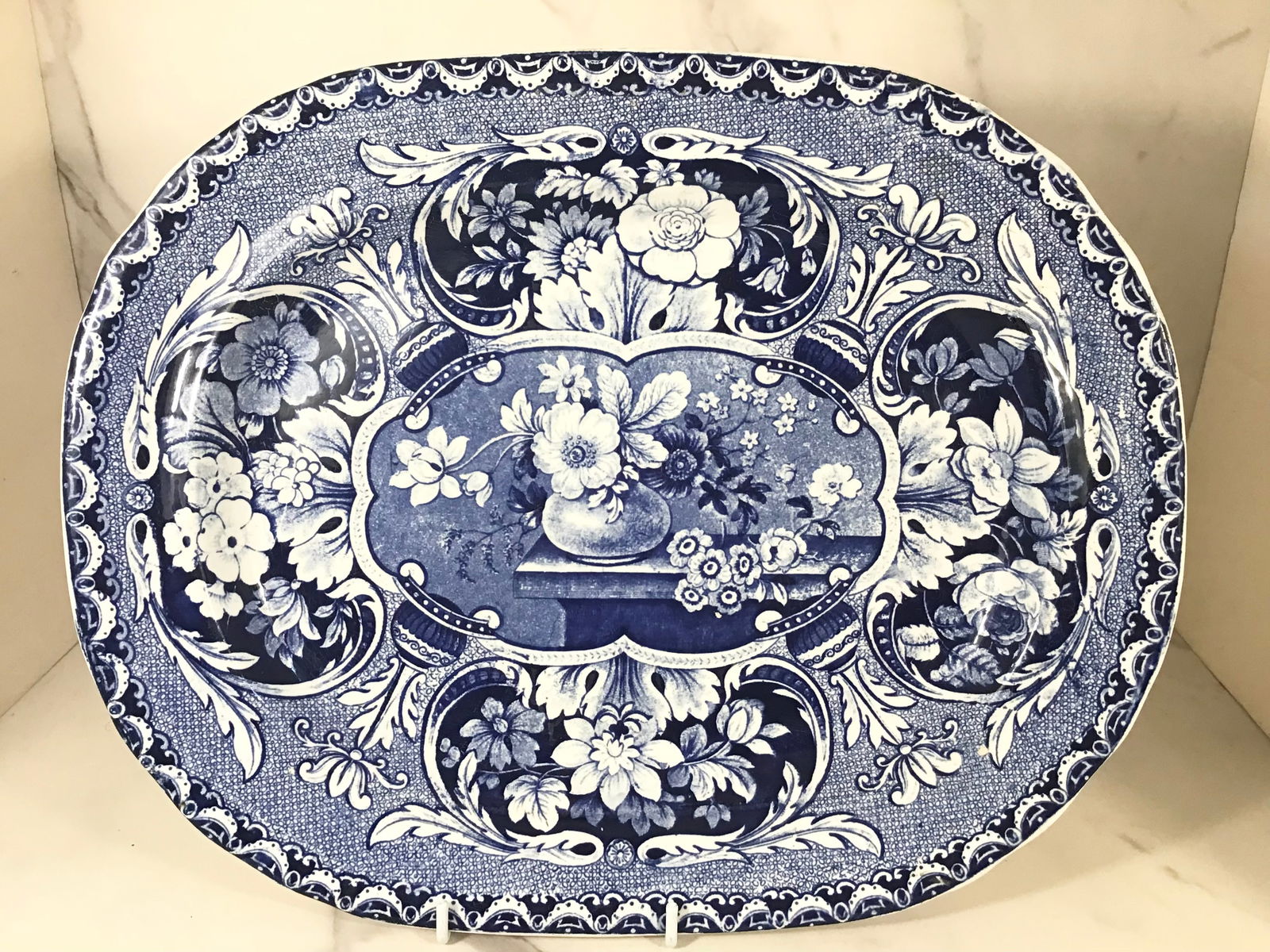 English Dark Blue Staffordshire Davenport Floral Platter (1 of 3)