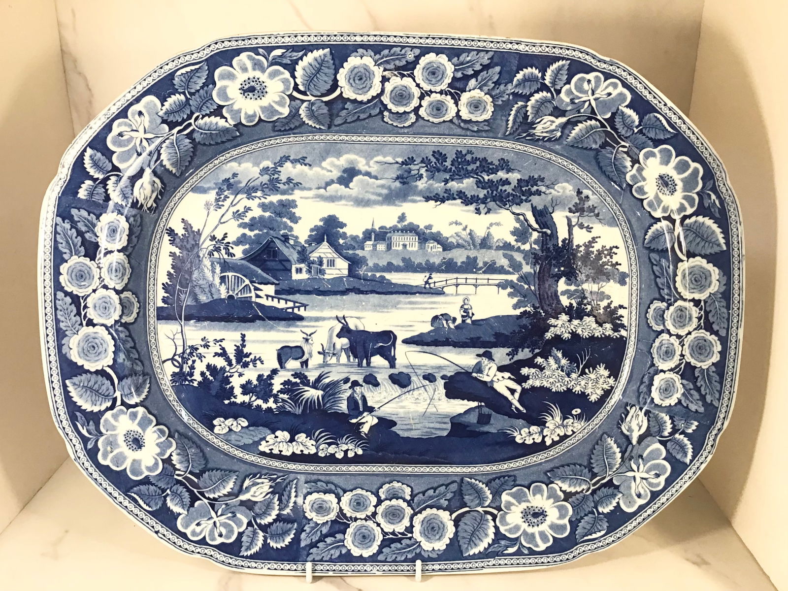 English Dark Blue Staffordshire Large Platter Men Fishing Women Working (1 of 4)
