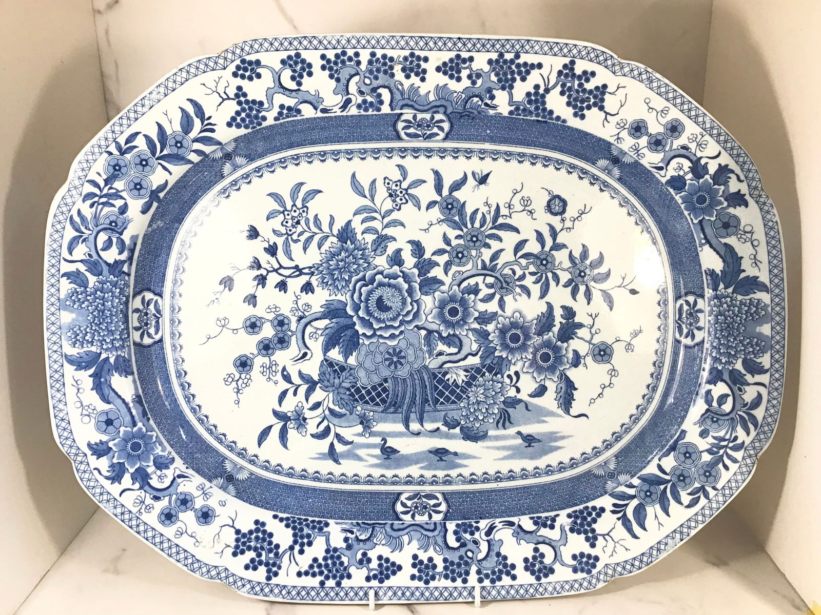 English Dark Blue Staffordshire Platter Probably Spode Flowers: 20" wide
