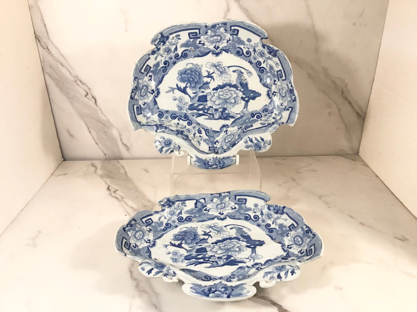 2 Rare English Blue and White Masons ironstone Shrimp Dishes: Depicting flowers; each 9.25" wide with unusual scalloped border