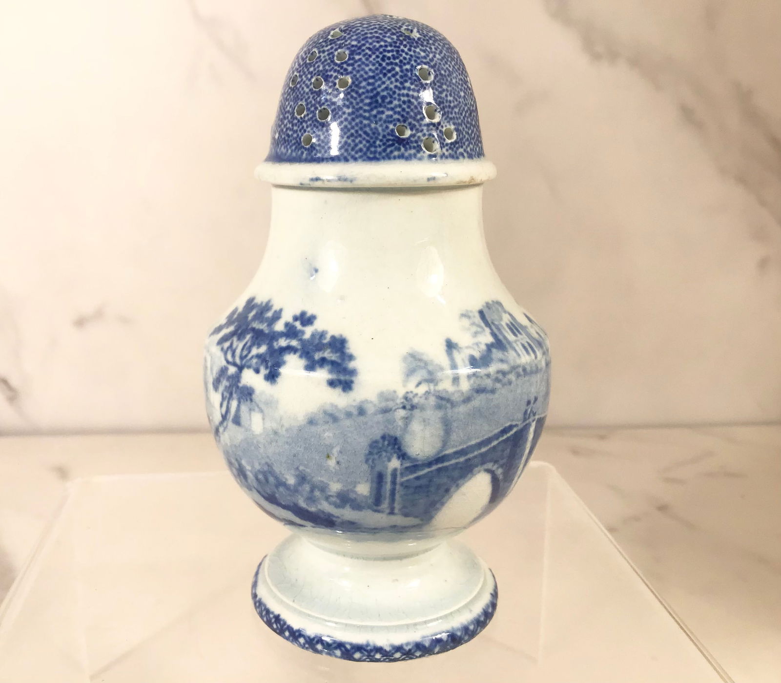 English Blue and White Transferware Pepper Pot Village Scene (1 of 3)