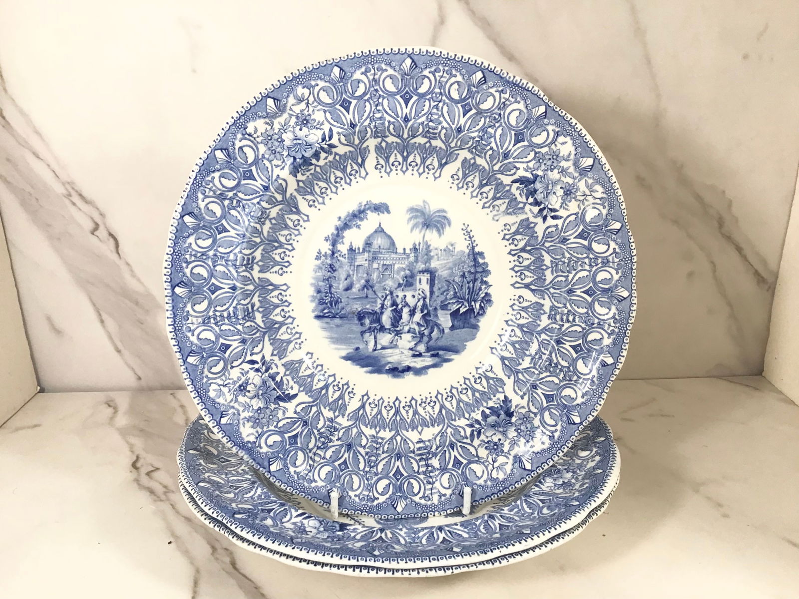 English Blue and White Transferware ASIAN Temple soup bowls (1 of 3)