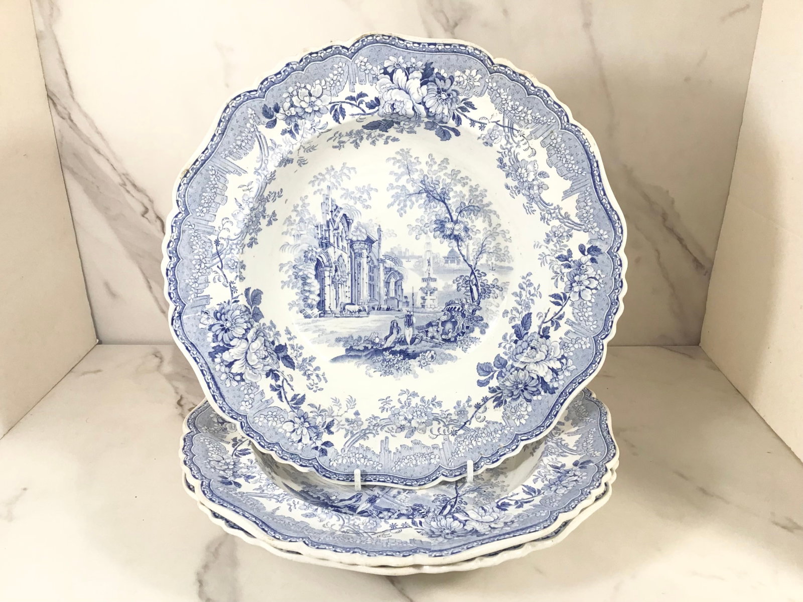 English Blue and White Transferware ANCIENT RUINS Soup Bowls: 10.25"
