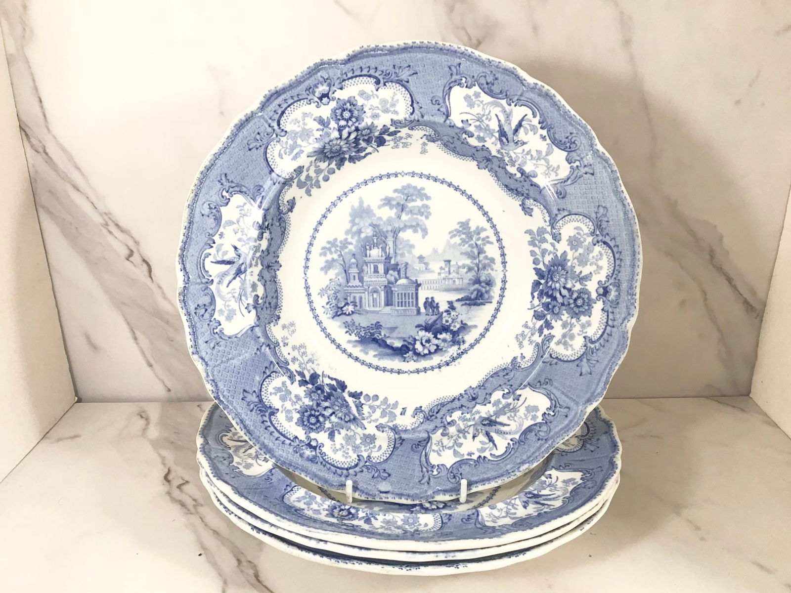 4 English Blue and White Transferware Davenport Soup Bowl (1 of 2)
