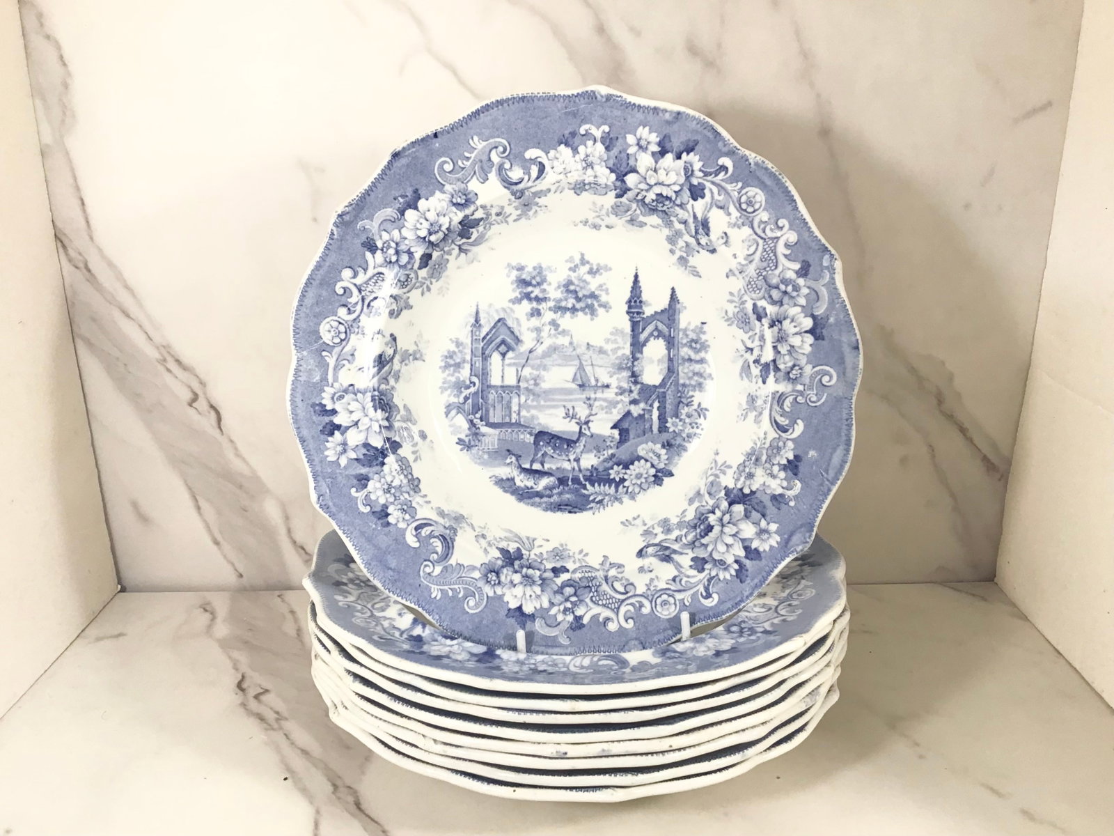 9 English Blue and White Transferware Soup Bowls Deer in Ruins: 10.25" wide; by Thomas Fell