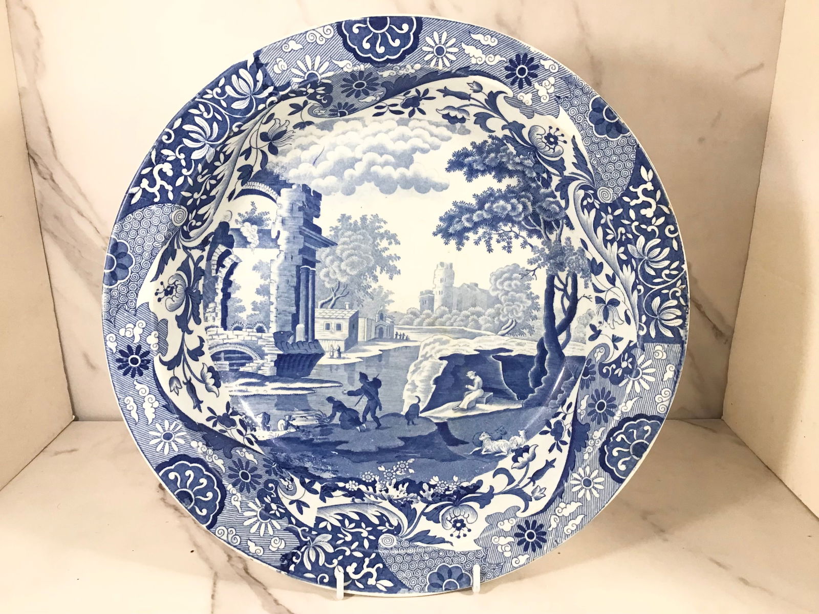 English Dark Blue and White Spode Staffordshire Shallow Bowl: 12.5" wide