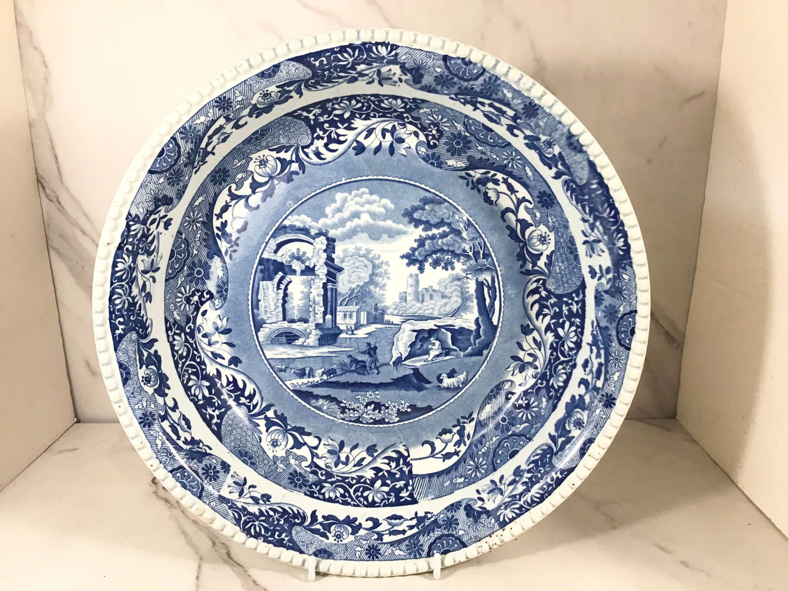 English Medium Blue and White Transferware Large Potato Beaded Bowl (1 of 3)