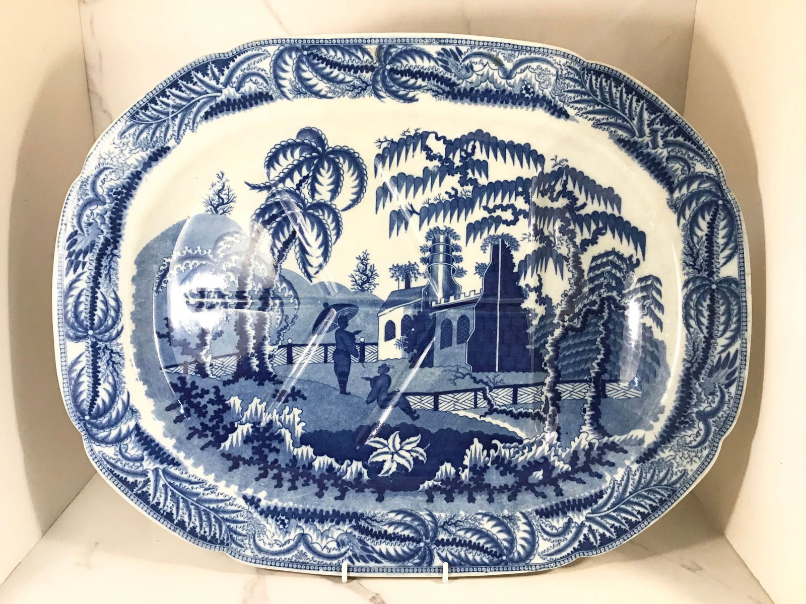Large English Dark Blue Pearlware Staffordshire Well and Tree Platter (1 of 2)