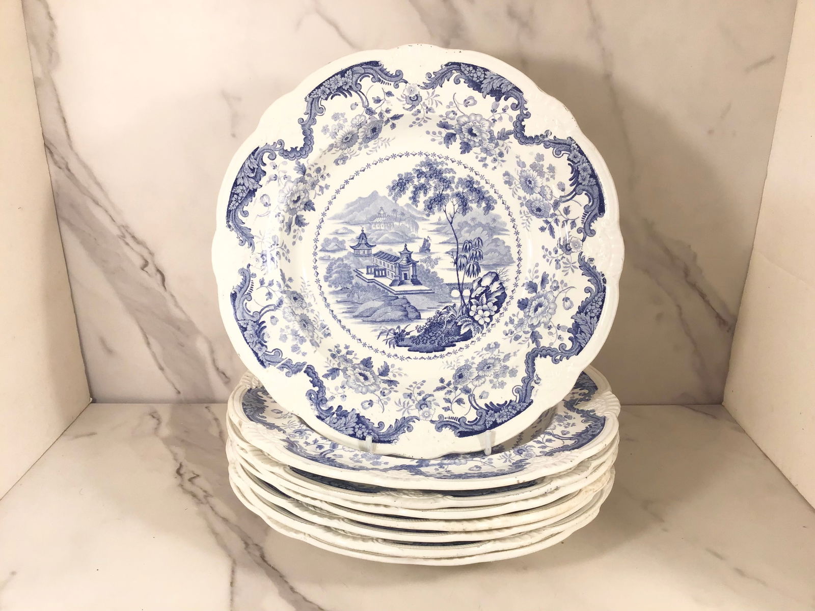 8 English Blue and White Transferware Davenport Soup Bowls (1 of 4)