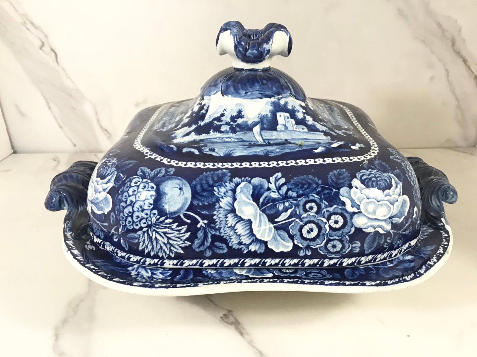 English Dark Blue Staffordshire Hall Oriential Scenery Covered Vegetable: VILLAGE ON THE GANGES; 11" wide