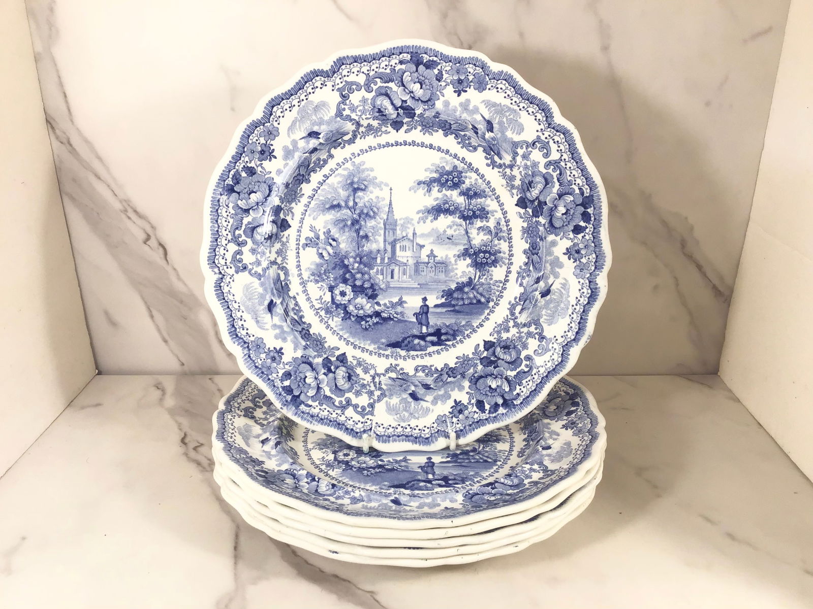 6 English Blue and White Transferware Davenport Dinner Plates (1 of 2)