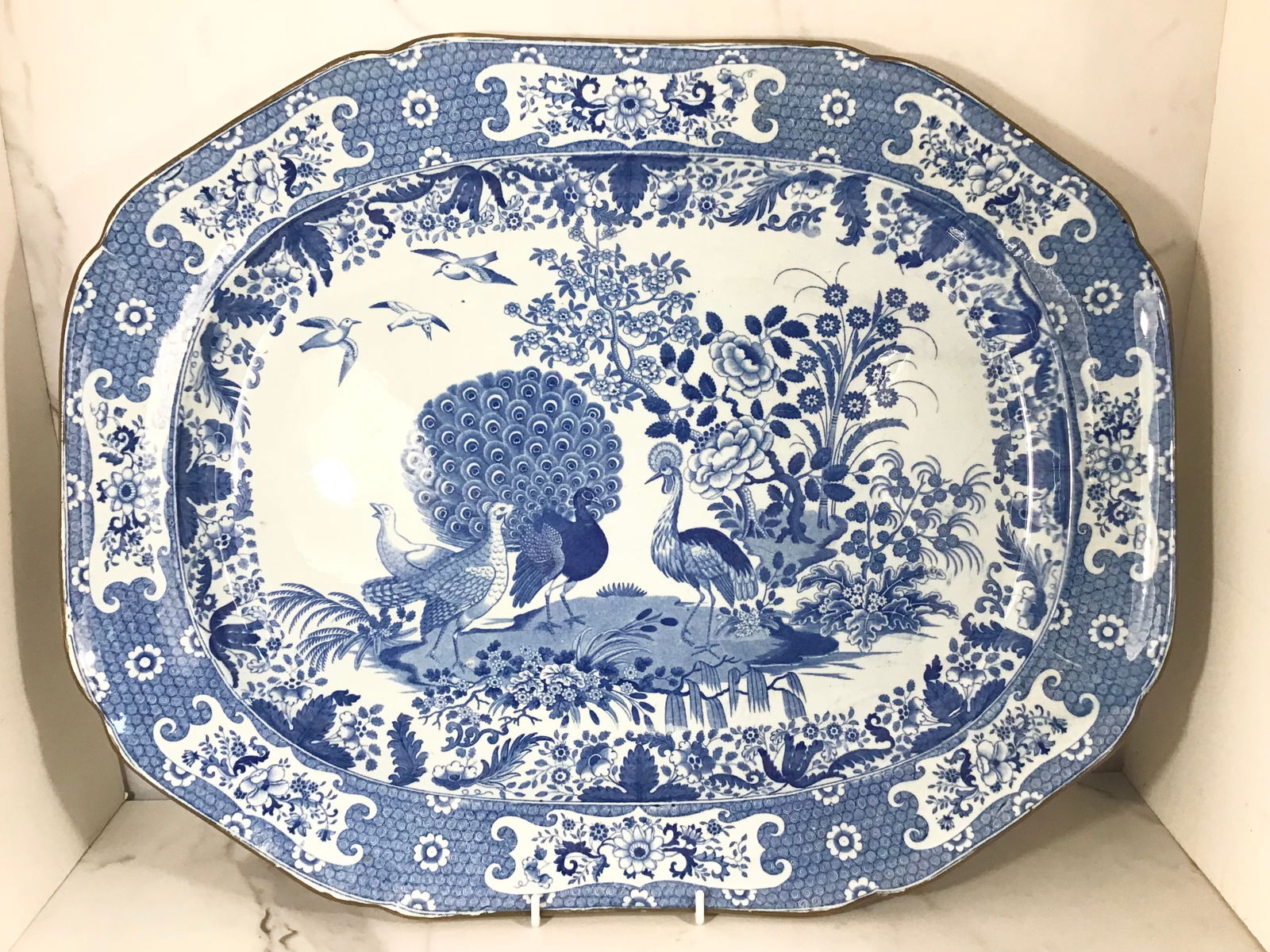 Rare Large English Medium Blue Peacock Pearlware Platter (1 of 2)