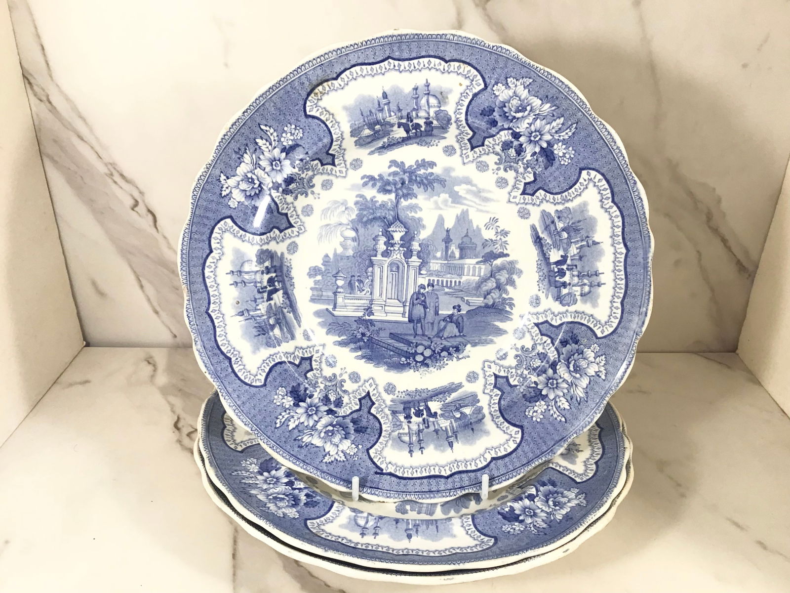3 English Blue and White Transferware Adams PALESTINE Soup Plates (1 of 2)