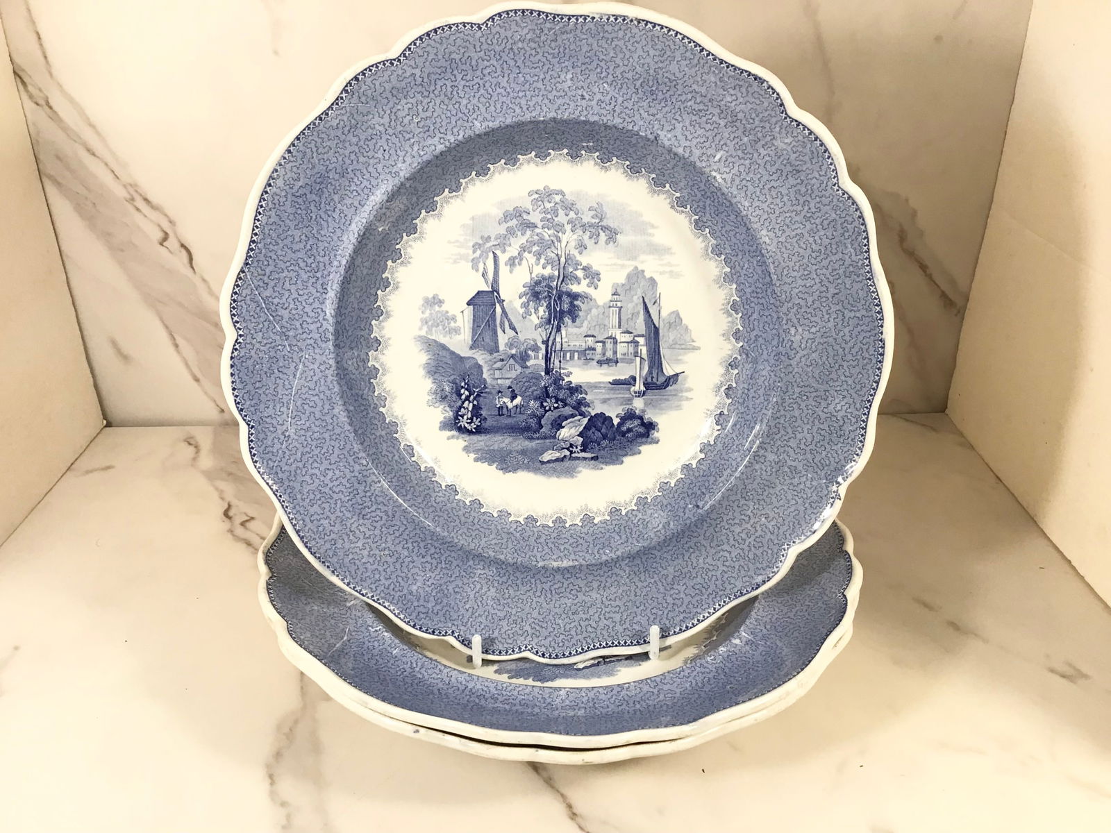 3 English Blue and White Transferware SCROLL Soup Plates (1 of 2)