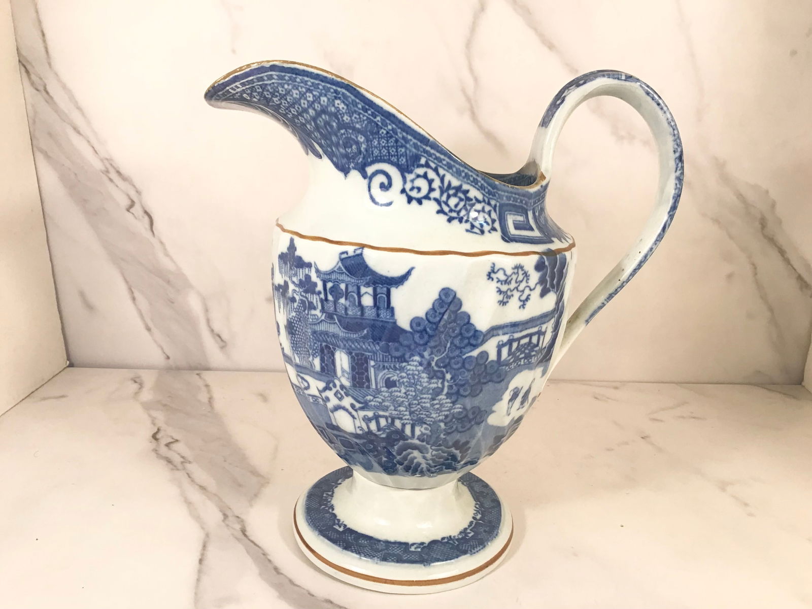 Early English Blue and White Pearlware Pitcher Asian Scene (1 of 3)