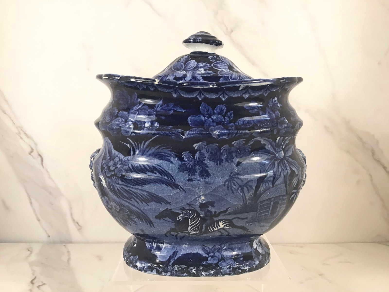English Dark Blue Staffordshire Pearlware Covered Sugar ZEBRA: 6.5" wide with mask handles