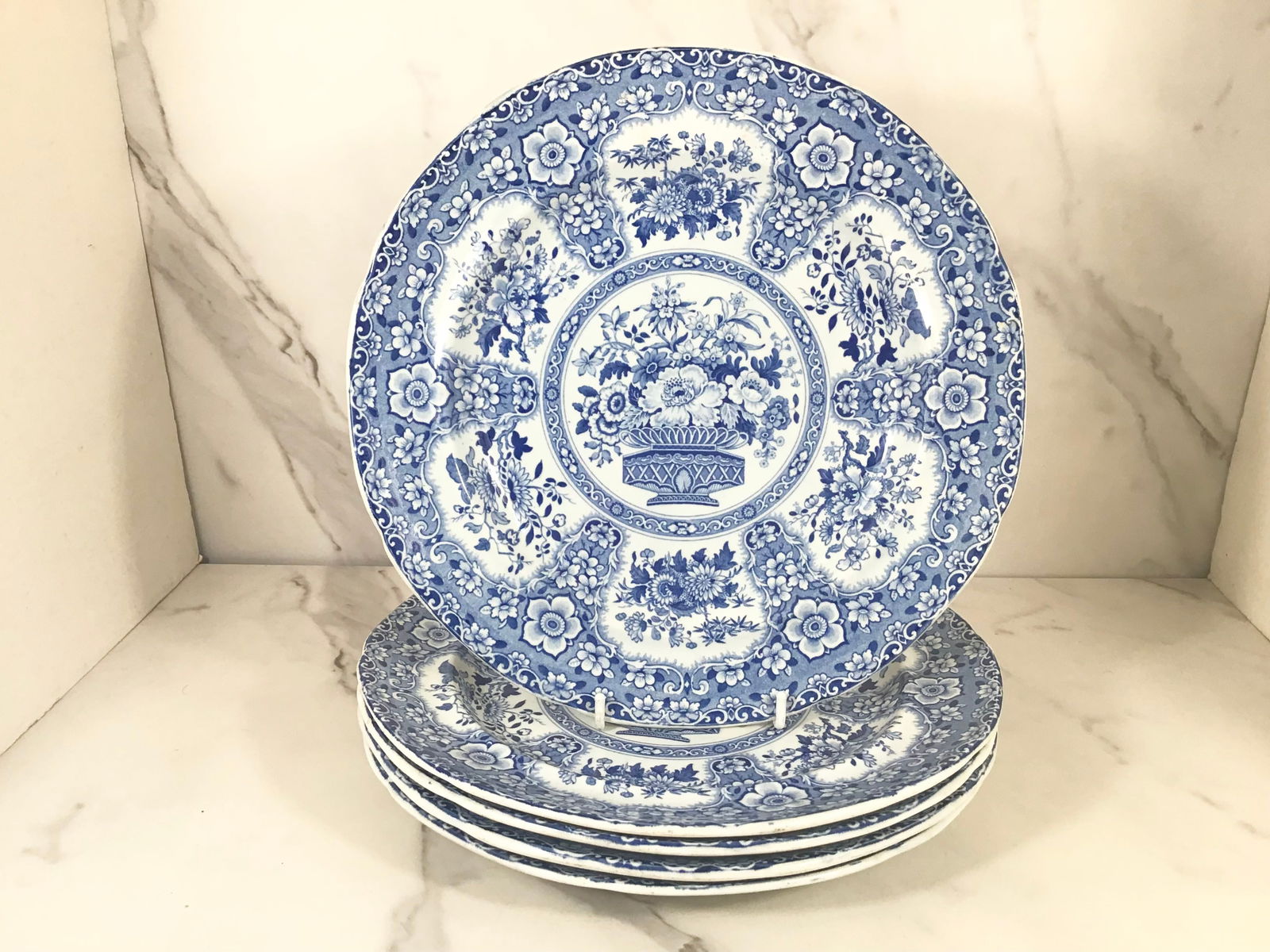 Set 5 English Blue and White SEMI NANKEEN dinner plates: 10" Plates