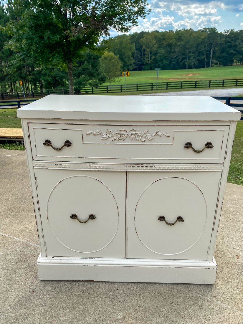 Distressed TV/ Nightstand: Offwhite adorable TV OR Nightstand. Measures approx. 32L X 16 1/2W X 32 1/2 H"